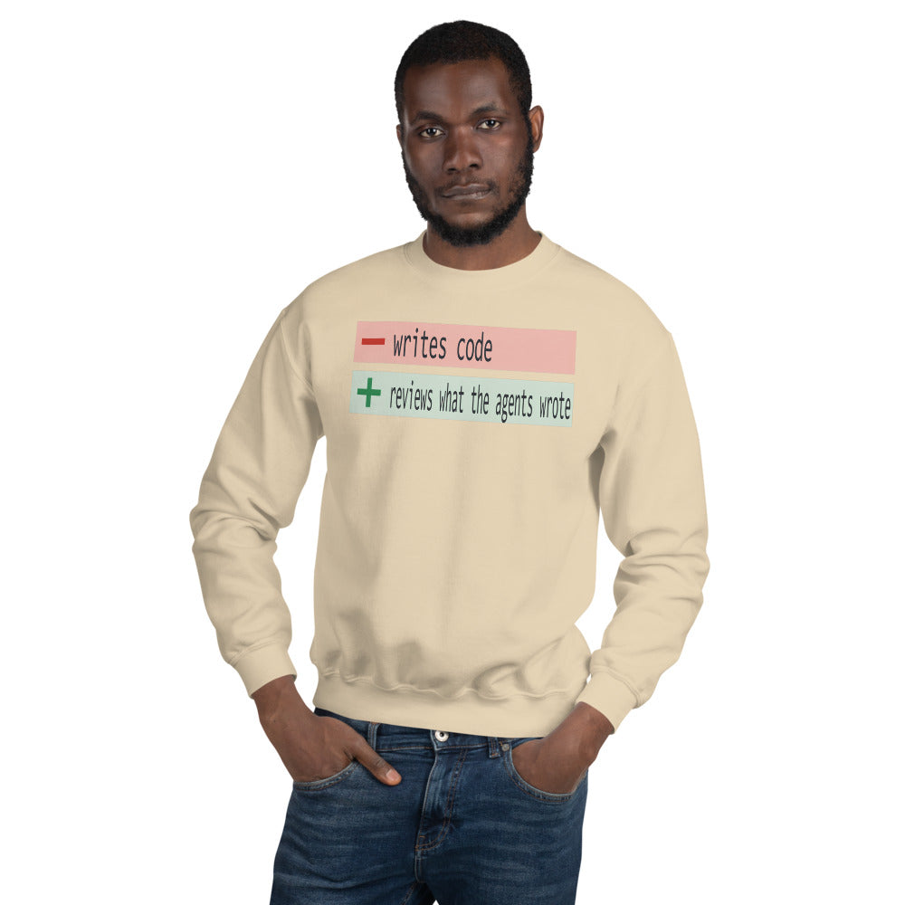 The Diff agentic AI engineer crewneck sweatshirt — Sand, on model