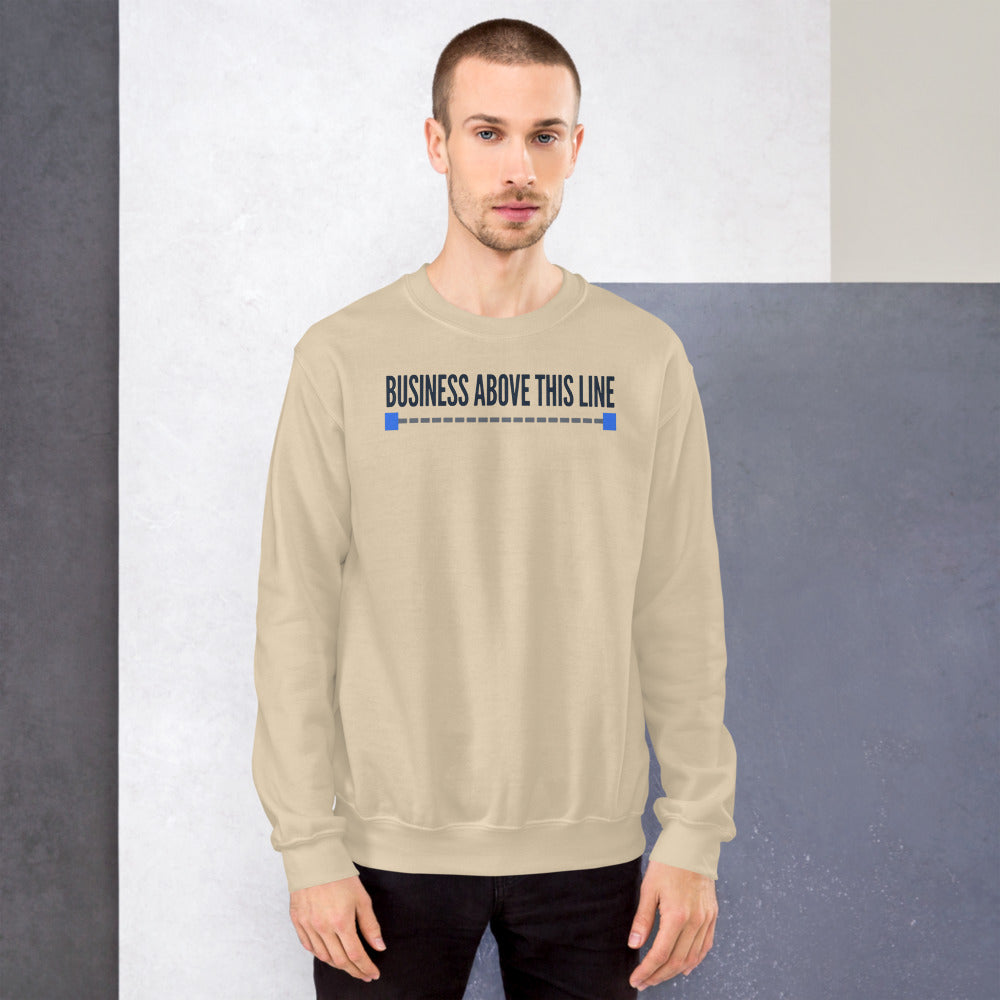 Business Above This Line crewneck sweatshirt — Sand, on model