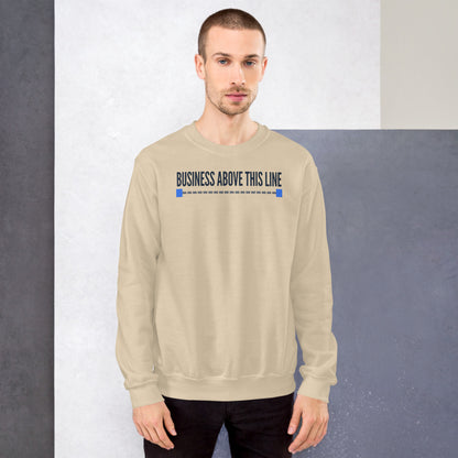 Business Above This Line crewneck sweatshirt — Sand, on model