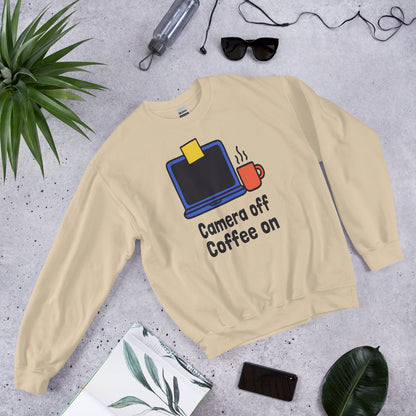 Camera Off Coffee On funny work from home crewneck sweatshirt — Sand, flat lay