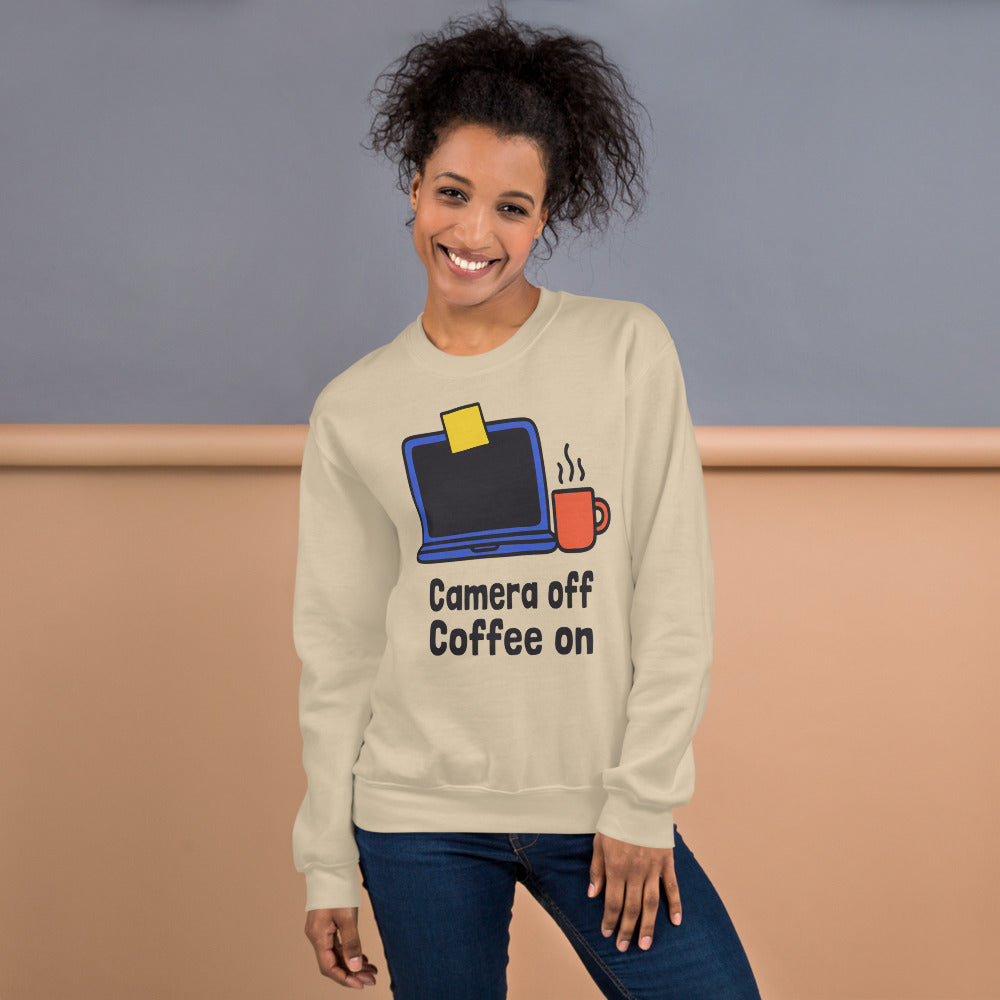 Camera Off Coffee On funny work from home crewneck sweatshirt — Sand, on model