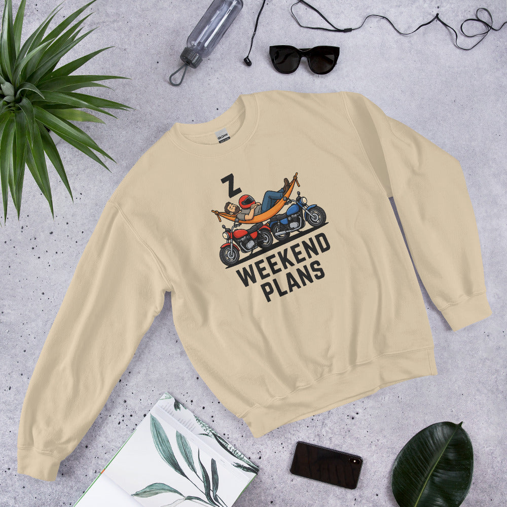 Weekend Plans funny motorcycle dad crewneck sweatshirt — Sand, flat lay