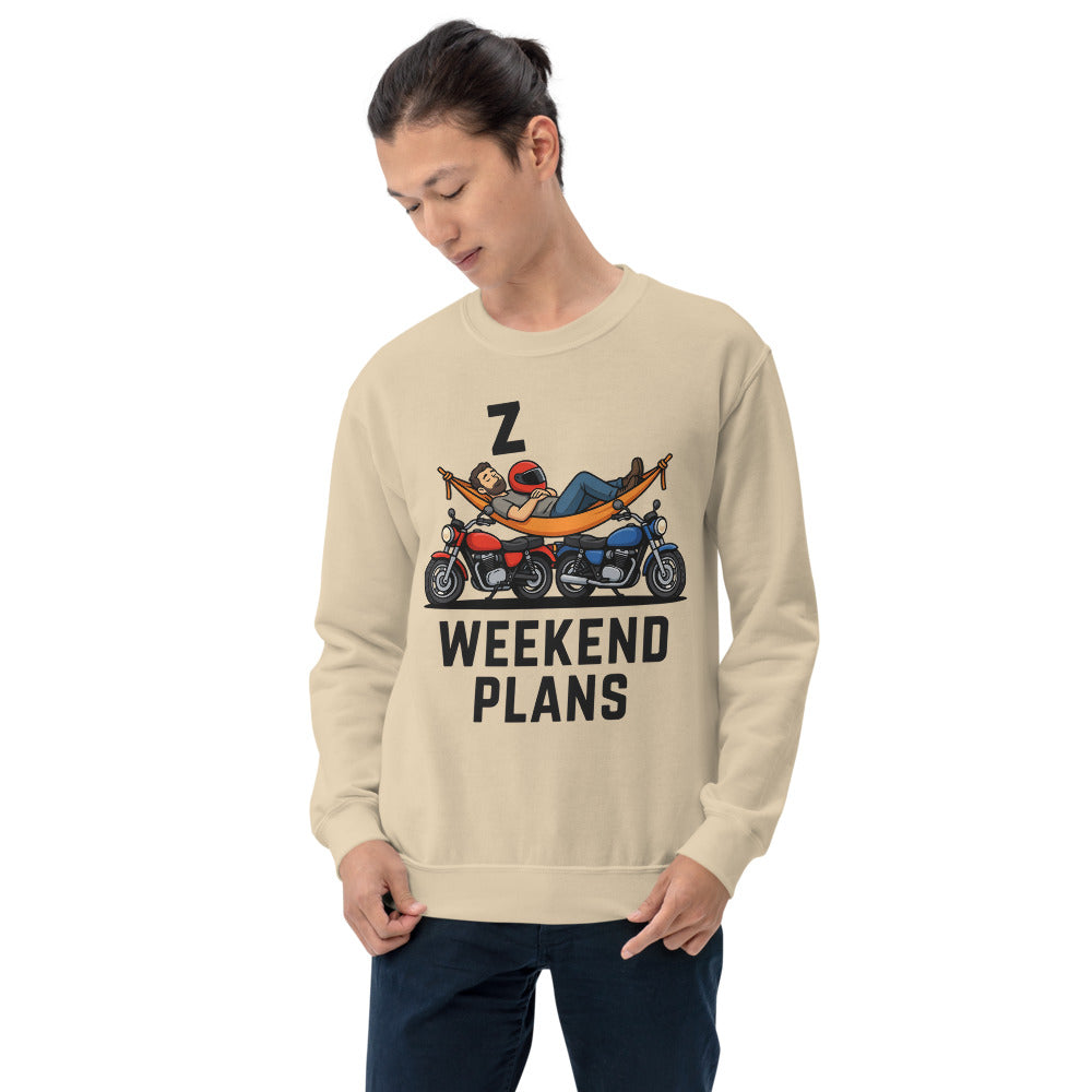 Weekend Plans funny motorcycle dad crewneck sweatshirt — Sand, on model