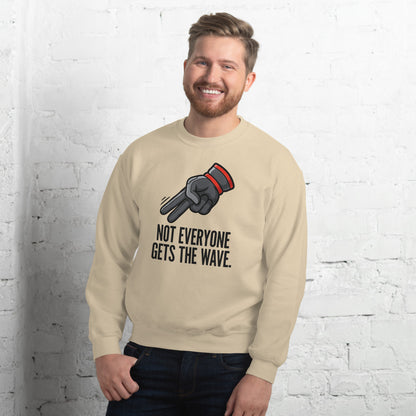 Not Everyone Gets The Wave biker wave motorcycle crewneck sweatshirt — Sand, on model