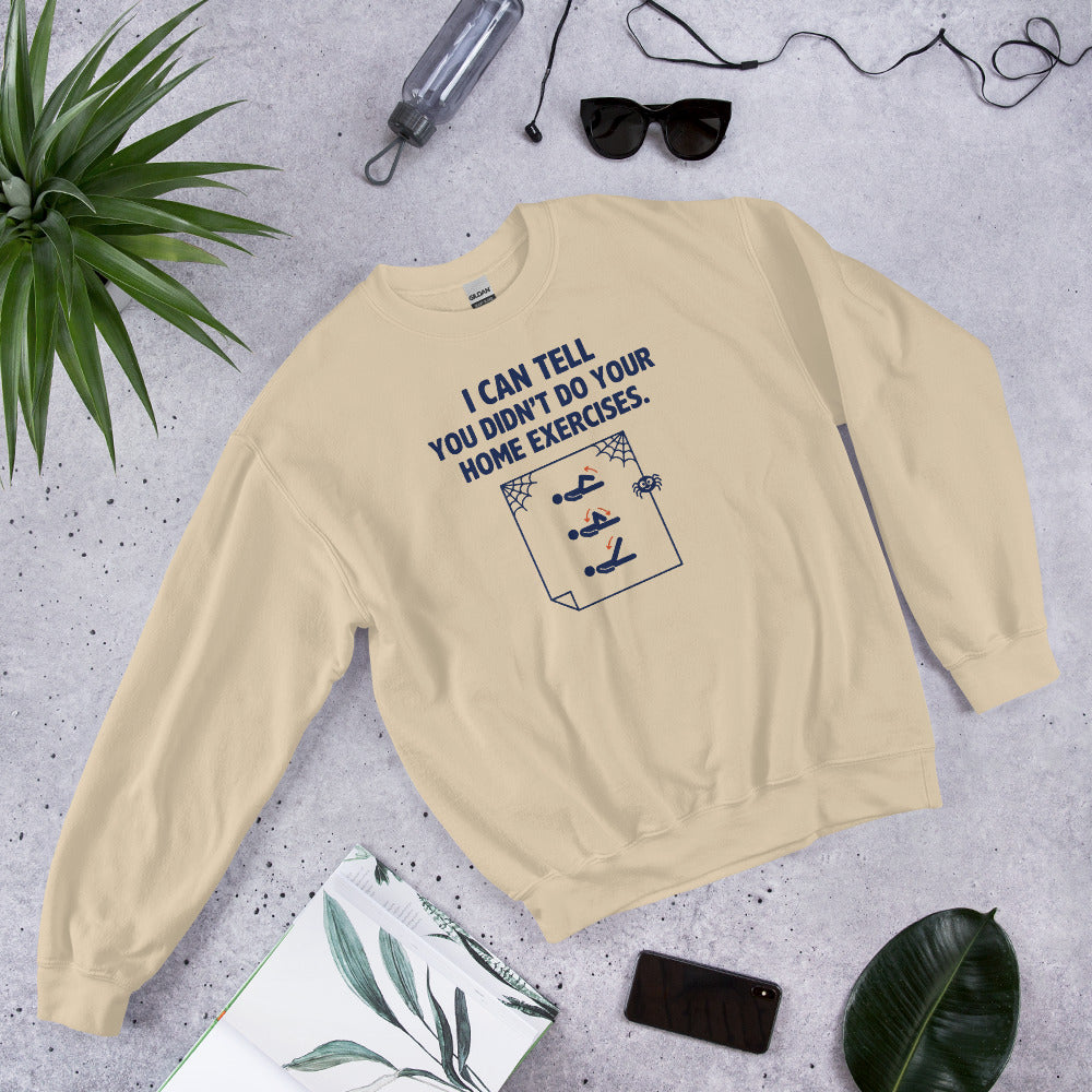 Home Exercises funny physical therapy crewneck sweatshirt — Sand, flat lay
