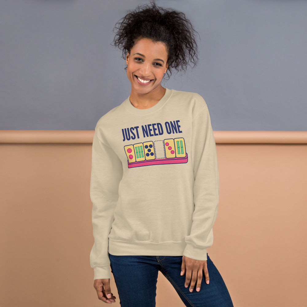 Just Need One funny mahjong crewneck sweatshirt — Sand, on model