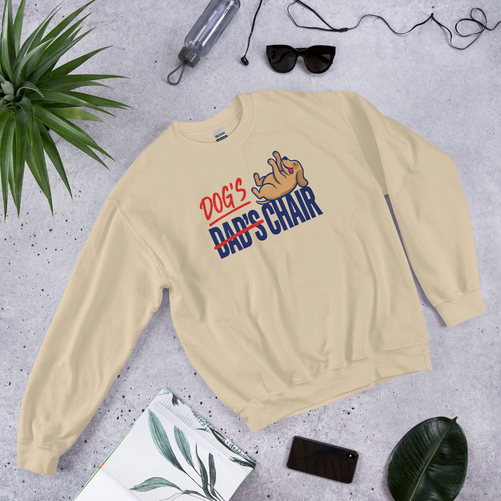 Dog's Chair funny dog dad crewneck sweatshirt — Sand, flat lay