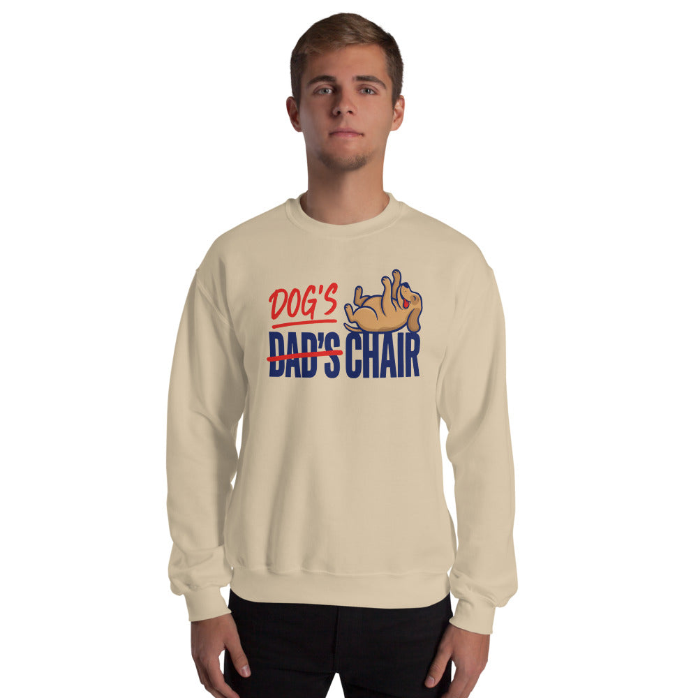 Dog's Chair funny dog dad crewneck sweatshirt — Sand, on model