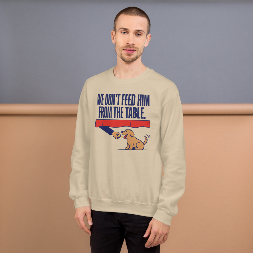 From The Table funny dog dad crewneck sweatshirt — Sand, on model