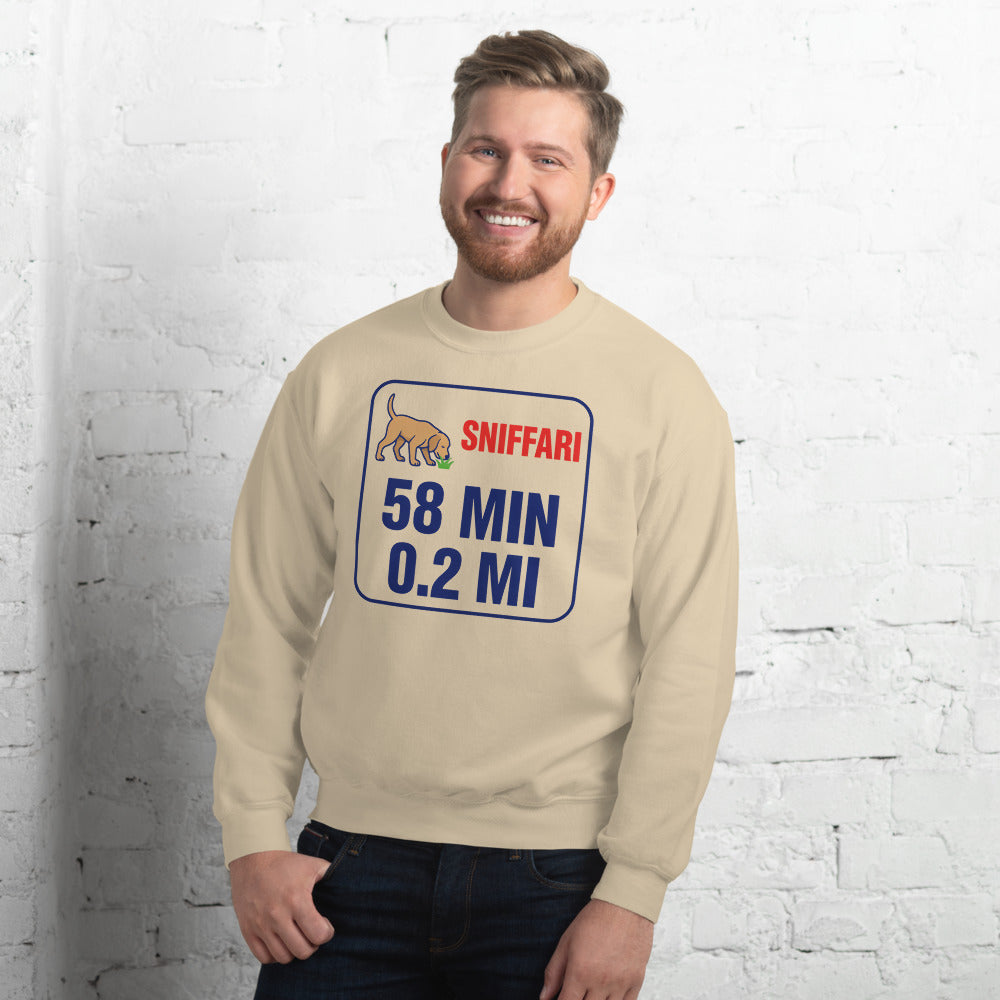 Sniff Walk Recap funny dog dad crewneck sweatshirt — Sand, on model