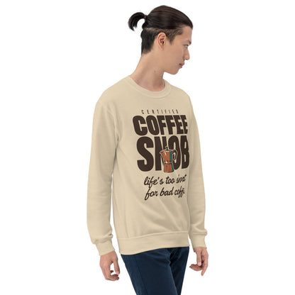 Certified Coffee Snob coffee crewneck sweatshirt — Sand, on model