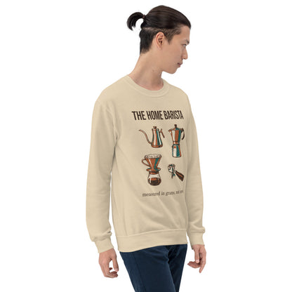 The Home Barista specialty coffee crewneck sweatshirt — Sand, on model