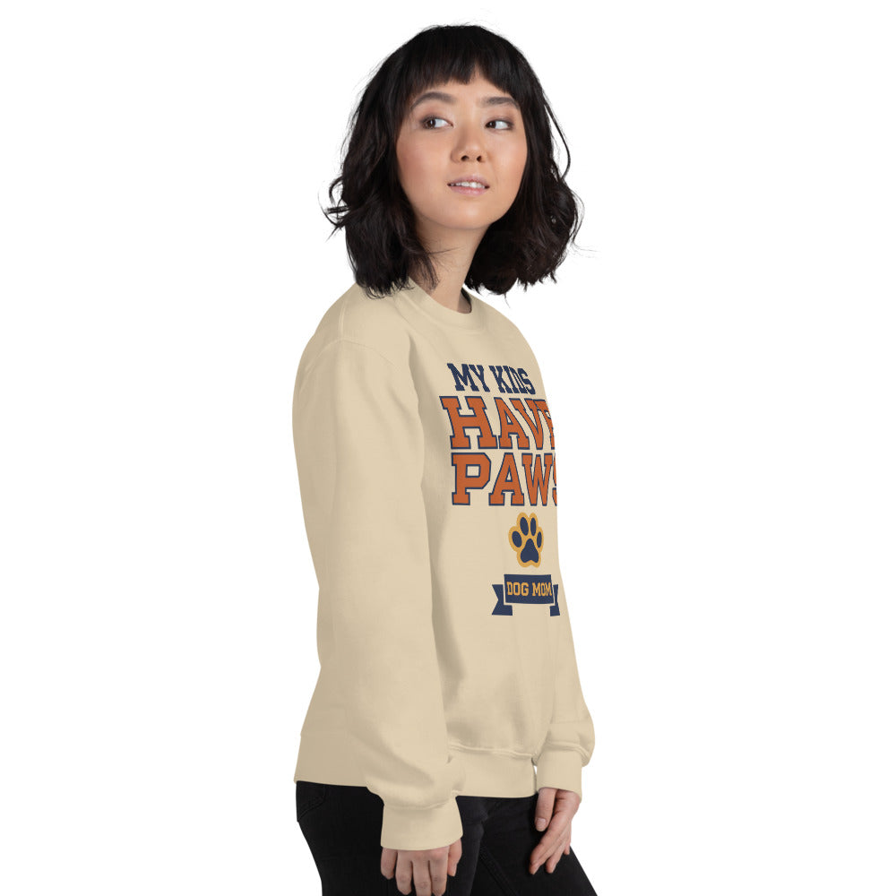 My Kids Have Paws funny dog mom crewneck sweatshirt — Sand, on model