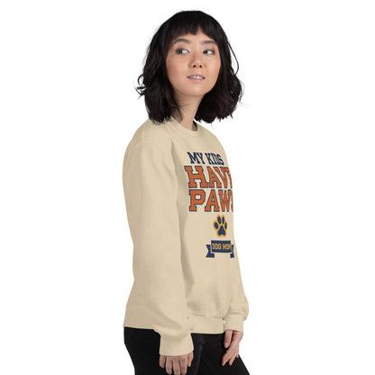 My Kids Have Paws funny dog mom crewneck sweatshirt — Sand, on model