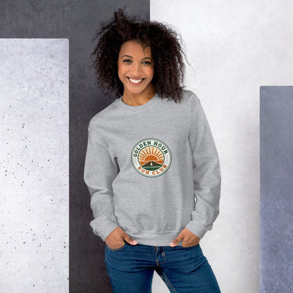 Golden Hour Run Club retro running crewneck sweatshirt — Sport Grey, on model