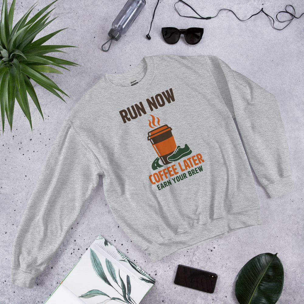 Run Now Coffee Later funny running crewneck sweatshirt — Sport Grey, front-right