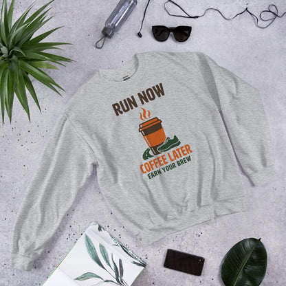 Run Now Coffee Later funny running crewneck sweatshirt — Sport Grey, front-right