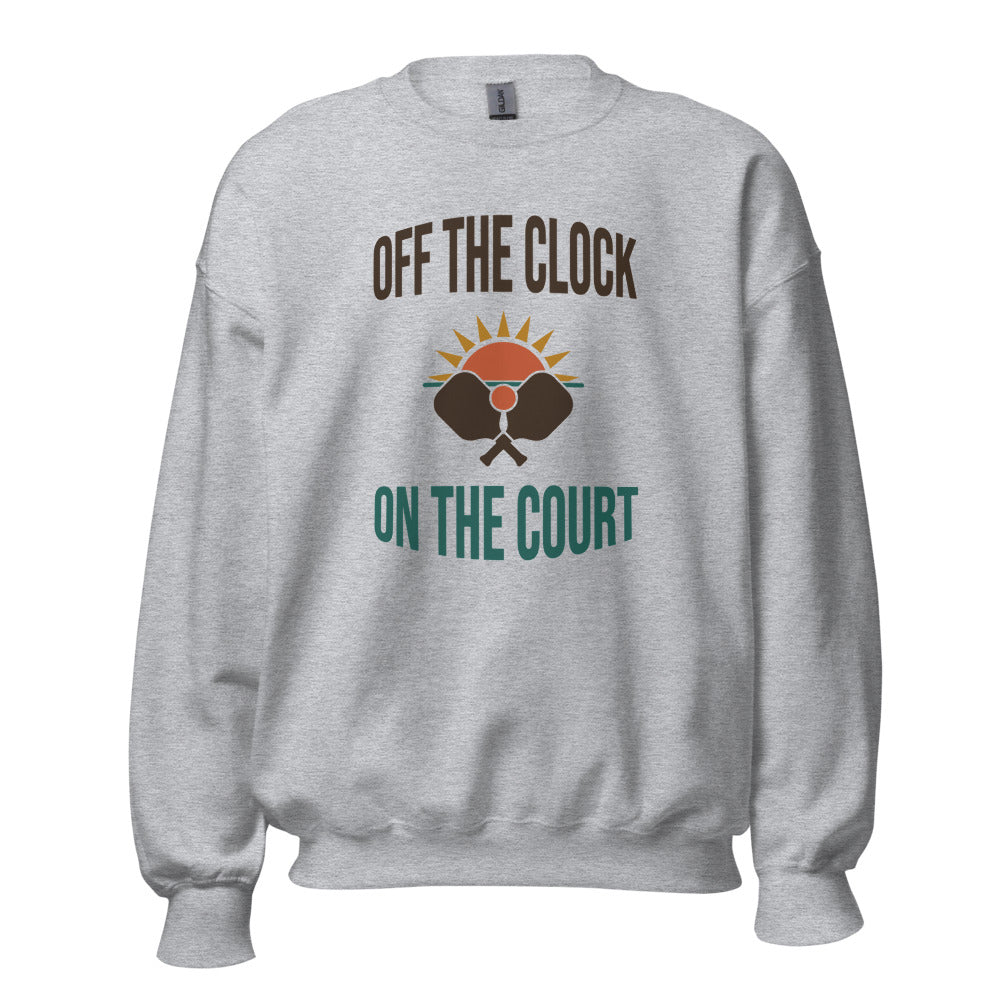 Off The Clock On The Court retro pickleball crewneck sweatshirt — Sport Grey, front