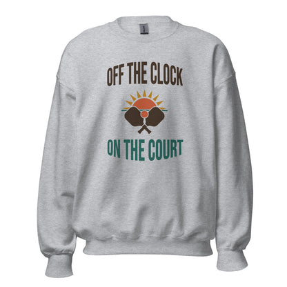Off The Clock On The Court retro pickleball crewneck sweatshirt — Sport Grey, front