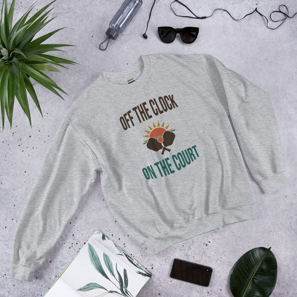 Off The Clock On The Court retro pickleball crewneck sweatshirt — Sport Grey, side