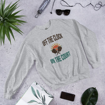 Off The Clock On The Court retro pickleball crewneck sweatshirt — Sport Grey, side