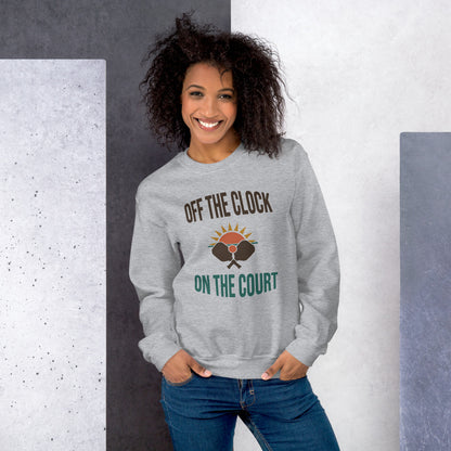 model wearing Off The Clock On The Court retro pickleball crewneck sweatshirt — Sport Grey