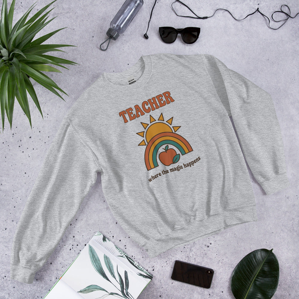 Teacher Where The Magic Happens retro groovy teacher crewneck sweatshirt — Sport Grey, front angle