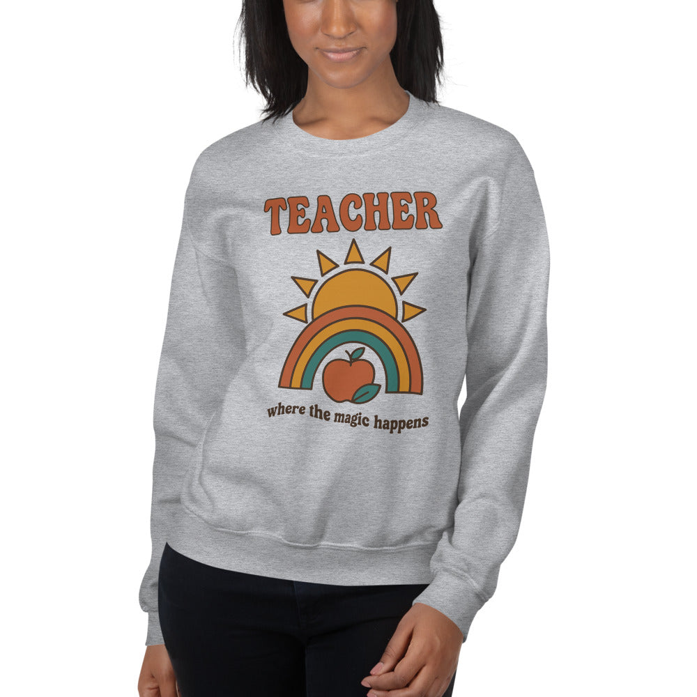 Teacher Where The Magic Happens retro groovy teacher crewneck sweatshirt — Sport Grey, on model