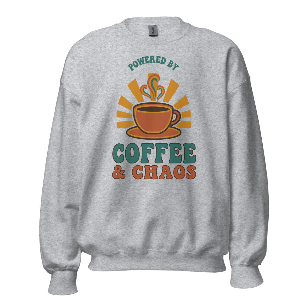 Powered By Coffee And Chaos retro groovy teacher crewneck sweatshirt — Sport Grey, front