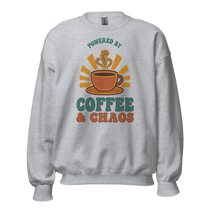 Powered By Coffee And Chaos retro groovy teacher crewneck sweatshirt — Sport Grey, front