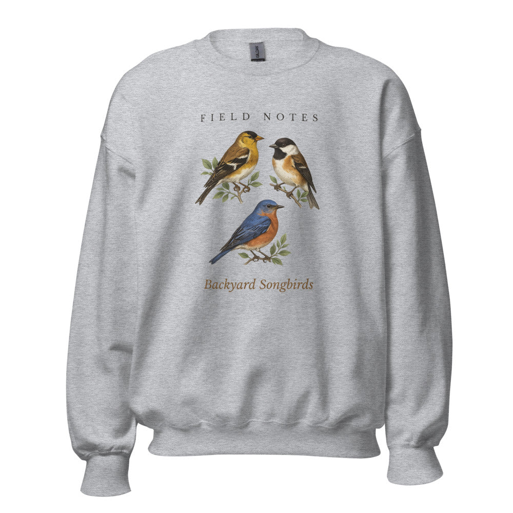 Backyard Songbirds vintage field-guide crewneck sweatshirt — Sport Grey, front