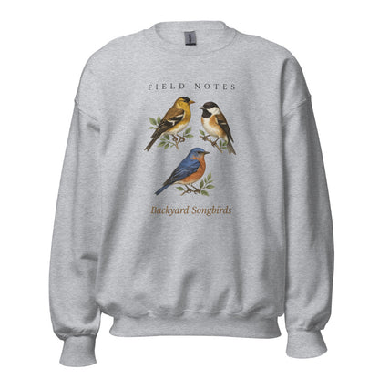 Backyard Songbirds vintage field-guide crewneck sweatshirt — Sport Grey, front