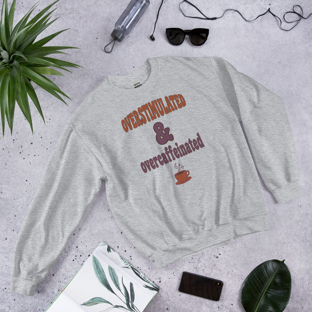 Overstimulated & Overcaffeinated soft retro coffee mental health crewneck sweatshirt — Sport Grey, front-right