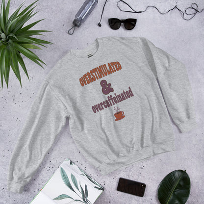 Overstimulated & Overcaffeinated soft retro coffee mental health crewneck sweatshirt — Sport Grey, front-right