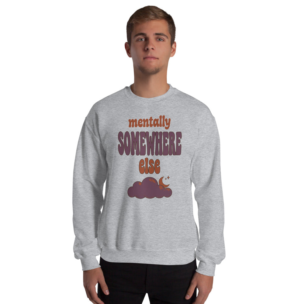 Mentally Somewhere Else soft retro daydream mental health crewneck sweatshirt — Sport Grey, on model