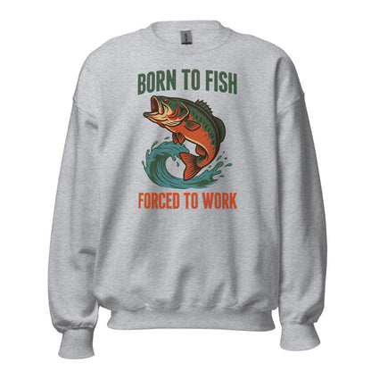 Born to Fish Forced to Work retro fishing humor crewneck sweatshirt — Sport Grey, front