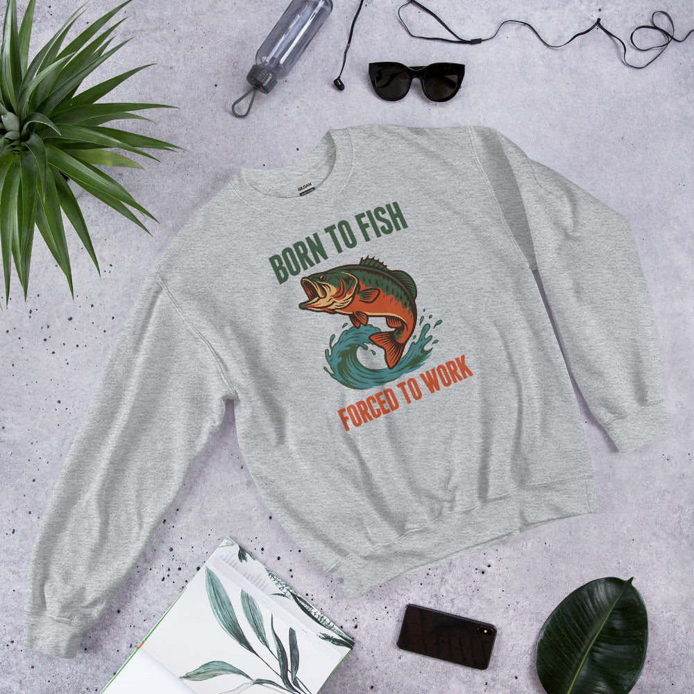 Born to Fish Forced to Work retro fishing humor crewneck sweatshirt — Sport Grey, front-right