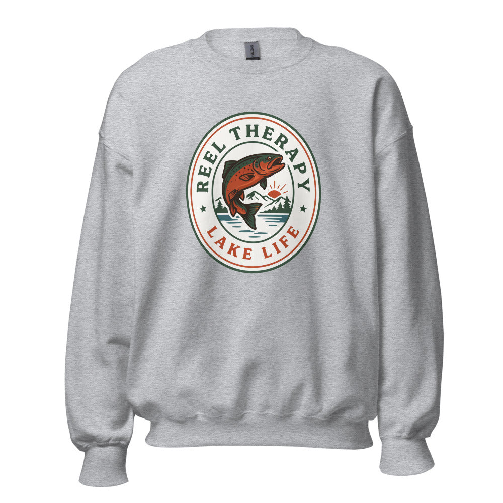 Reel Therapy retro national-park trout badge fishing crewneck sweatshirt — Sport Grey, front