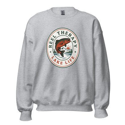 Reel Therapy retro national-park trout badge fishing crewneck sweatshirt — Sport Grey, front