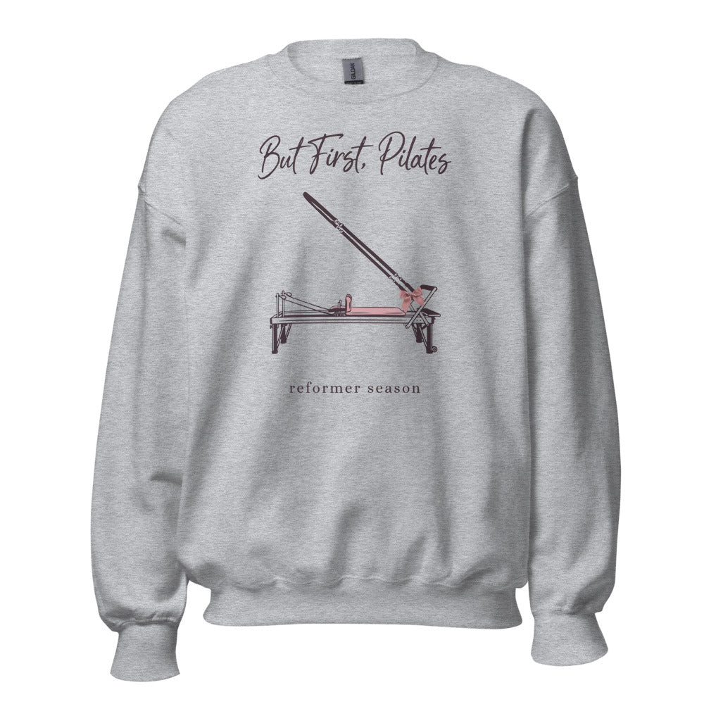 But First Pilates reformer line-art crewneck sweatshirt — Sport Grey, front