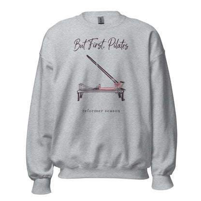 But First Pilates reformer line-art crewneck sweatshirt — Sport Grey, front