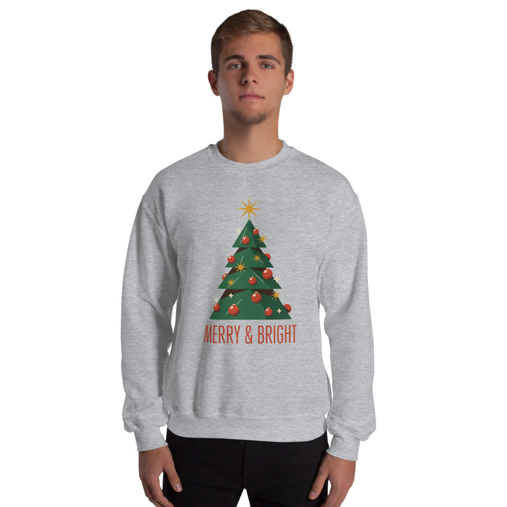 Atomic mid-century retro Christmas tree crewneck sweatshirt — Sport Grey, on model