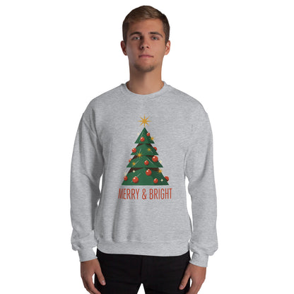 Atomic mid-century retro Christmas tree crewneck sweatshirt — Sport Grey, on model