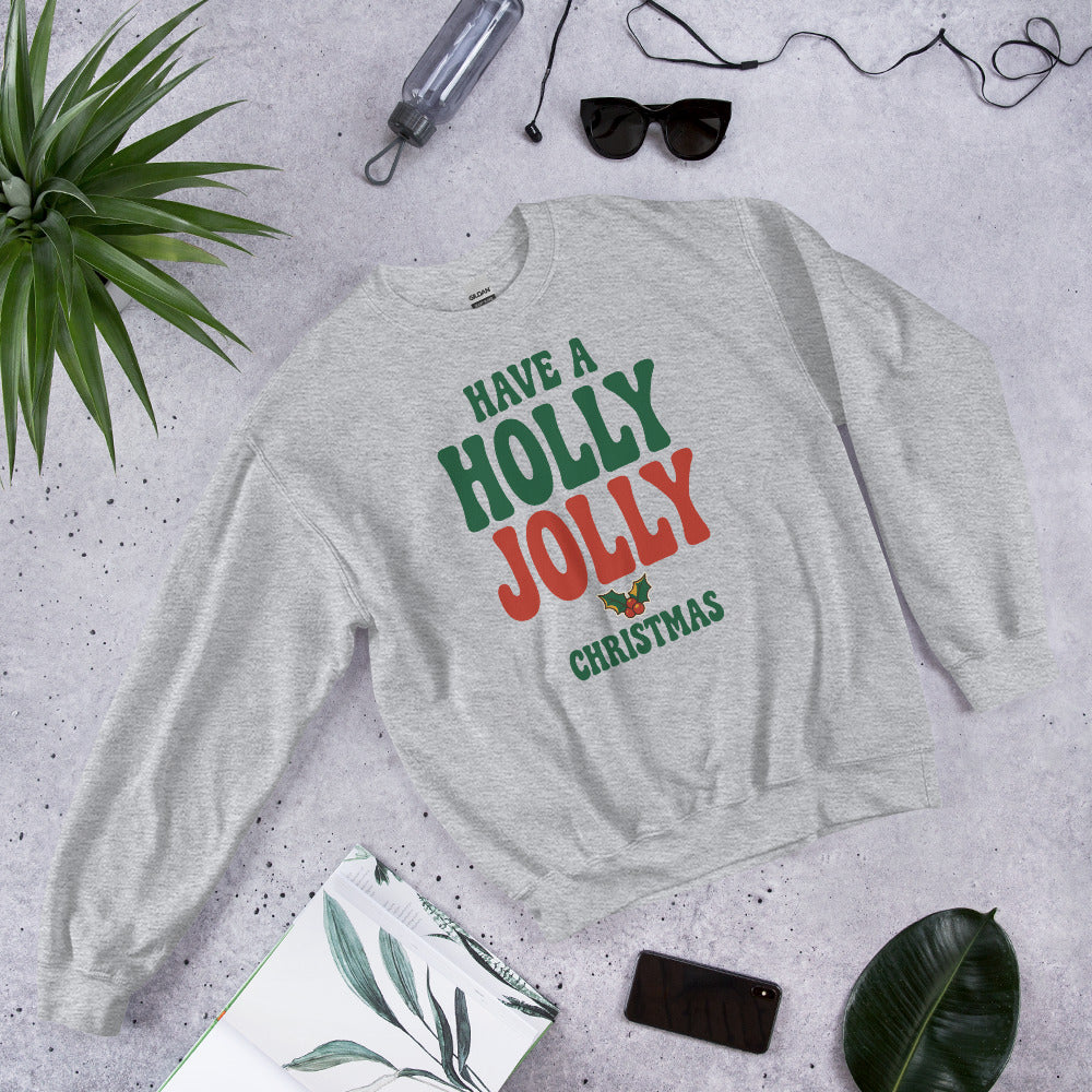 Groovy Holly Jolly retro Christmas crewneck sweatshirt — Sport Grey, front-right