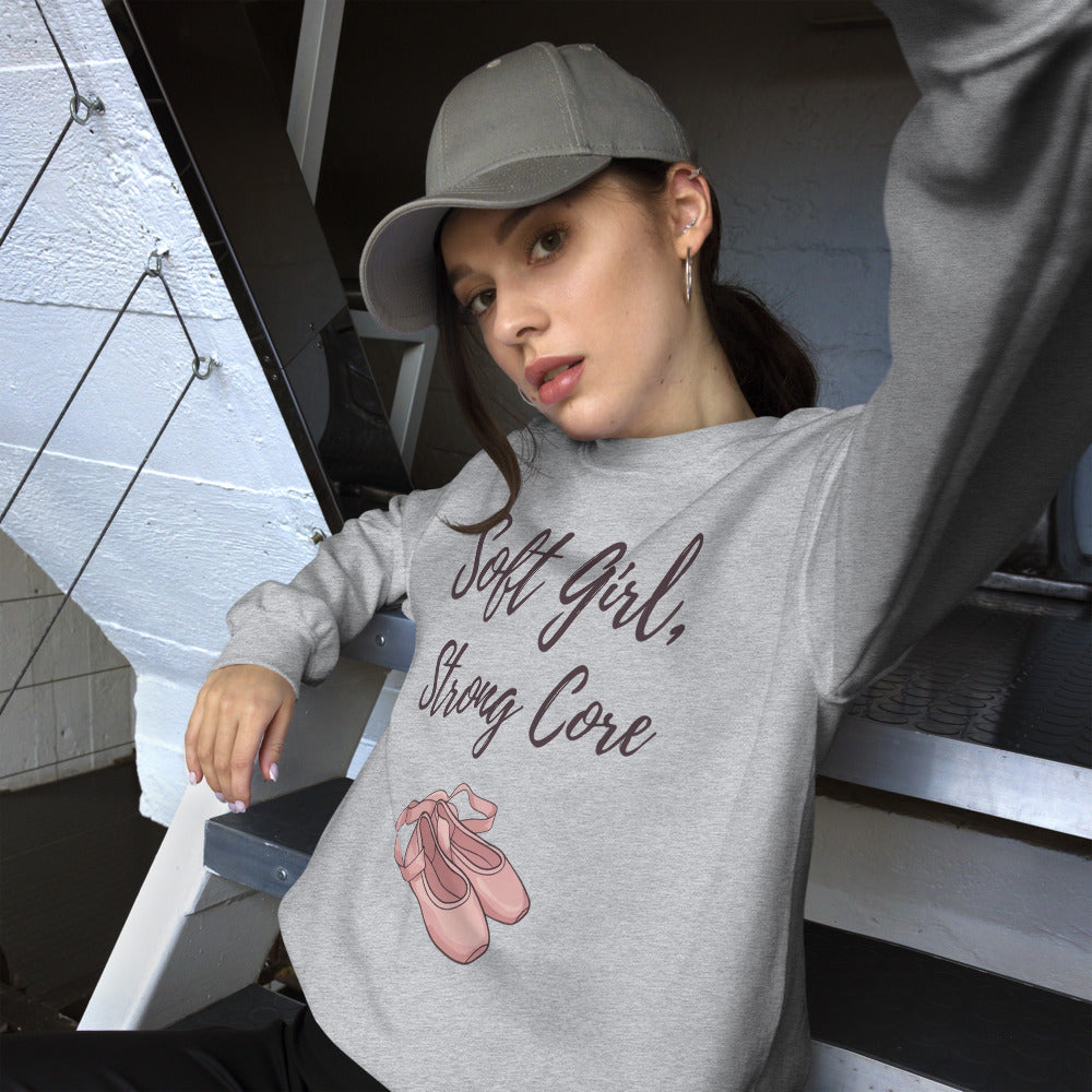 Soft Girl Strong Core ballet coquette pilates sweatshirt — Sport Grey, on model
