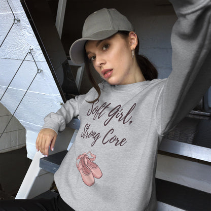 Soft Girl Strong Core ballet coquette pilates sweatshirt — Sport Grey, on model