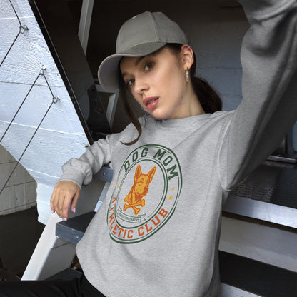 Dog Mom Athletic Club vintage varsity crest crewneck sweatshirt — Sport Grey, on model