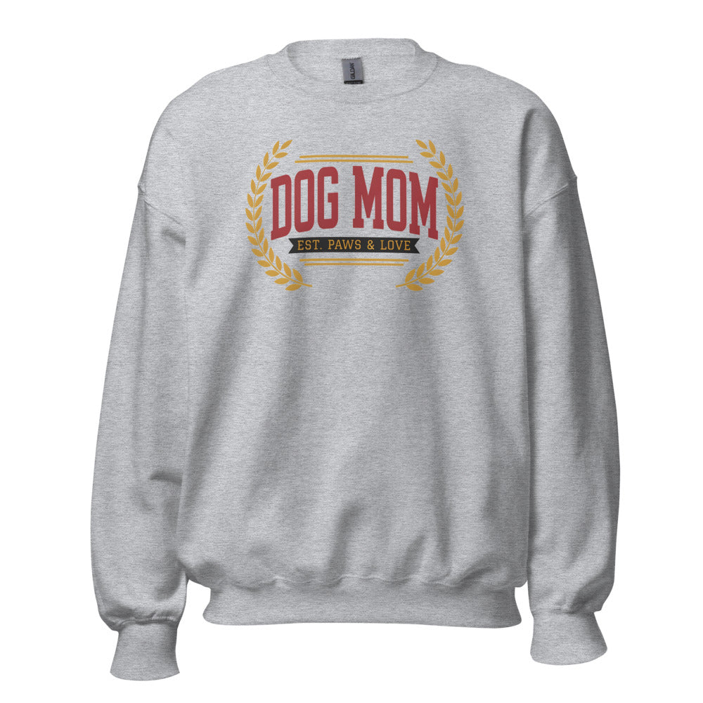 Dog Mom vintage varsity wordmark crewneck sweatshirt — Sport Grey, front