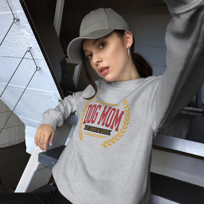 Dog Mom vintage varsity wordmark crewneck sweatshirt — Sport Grey, on model