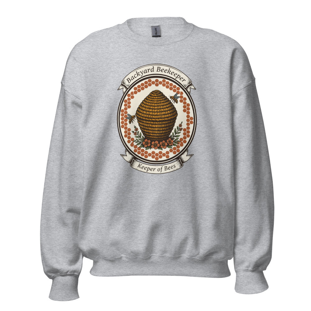 Backyard Beekeeper Keeper of Bees vintage apiary crest crewneck sweatshirt — Sport Grey, front